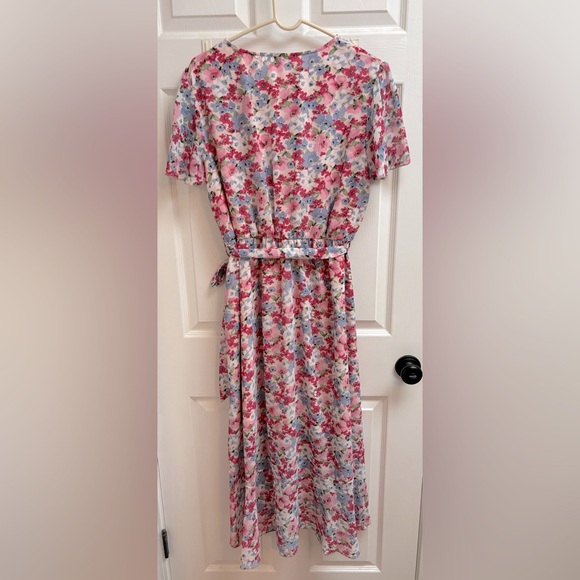 Boho Dress Wrap V Neck Short Sleeve Belted Ruffle Hem A-Line Flowy Maxi Dresses - Picture 5 of 5